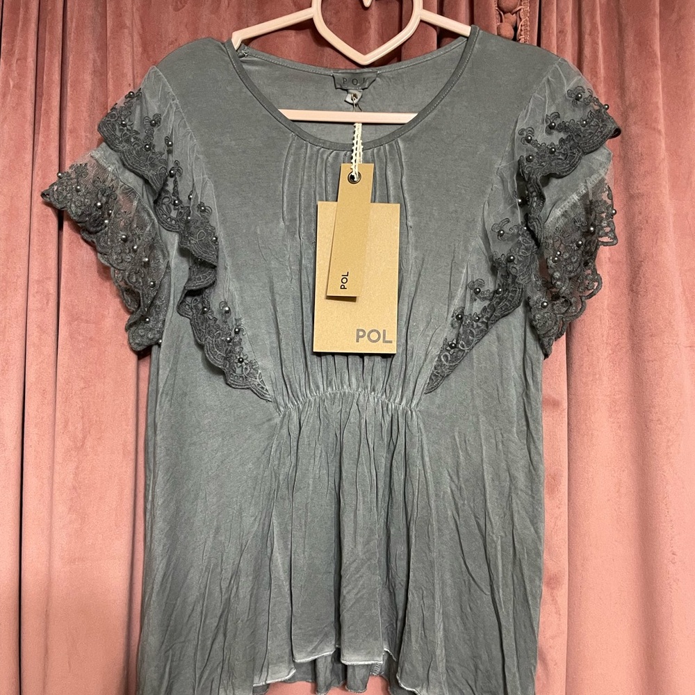 POL Charcoal Ruffle Sleeve Blouse